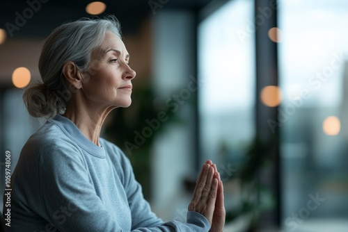 A serene elderly woman with gray hair engages in meditation, radiating calmness and wisdom as she sits indoors with softly diffused natural light around. photo