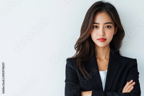 A confident professional woman in a black blazer, with long hair, arms crossed, exuding confidence and determination, perfect for business themes and empowerment. photo