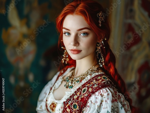 A woman with red hair wearing a white dress and gold jewelry photo