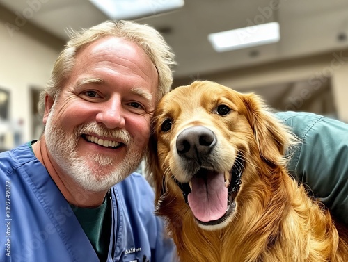 A man in scrubs and a dog in a veterinary office