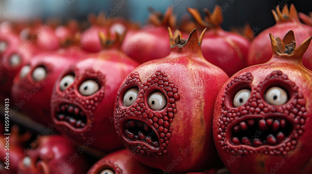 Close-up of a group of pomegranates with humorous carved faces resembling cartoon characters, placed in rows. Each fruit displays exaggerated expressions, featuring large eyes and open mouths.