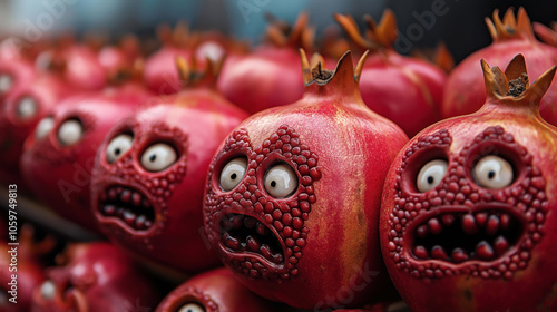 Obraz na płótnie Close-up of a group of pomegranates with humorous carved faces resembling cartoon characters, placed in rows. Each fruit displays exaggerated expressions, featuring large eyes and open mouths. w salonie