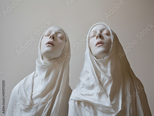 Two mannequins wearing white headscarves with their eyes closed and their heads covered in white cloth photo