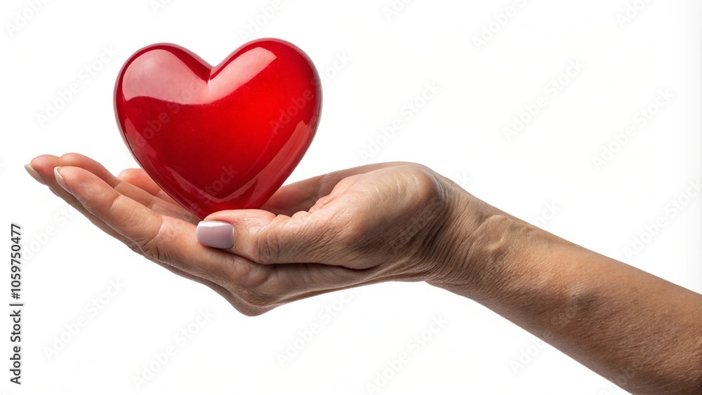 Fototapeta premium A close-up of a hand holding a red heart-shaped object against a transparent background, symbolizing love, care, and support. Perfect for themes related to relationships, health, and emotional connect