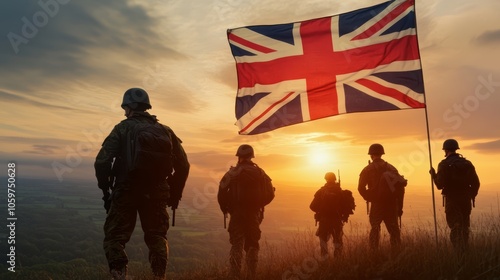 British Soldiers Silhouetted Against Sunset with Union Jack Flag