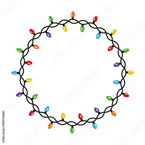 Circle decorative Christmas lights in flat style. Round shape frame. Vector design of lightbulb garland. Holiday element for xmas cards, invitations, banners, posters