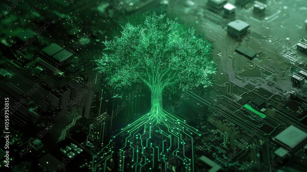 Fototapeta premium Green digital tree overlay on a circuit board, combining environmental and technological themes for sustainable design