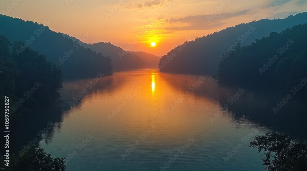 Fototapeta premium Misty Sunrise Over a Calm Lake Between Two Silhouetted Mountain Ranges