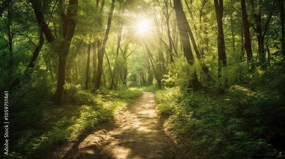 Obraz premium Sunlight Streaming Through a Serene Forest Path