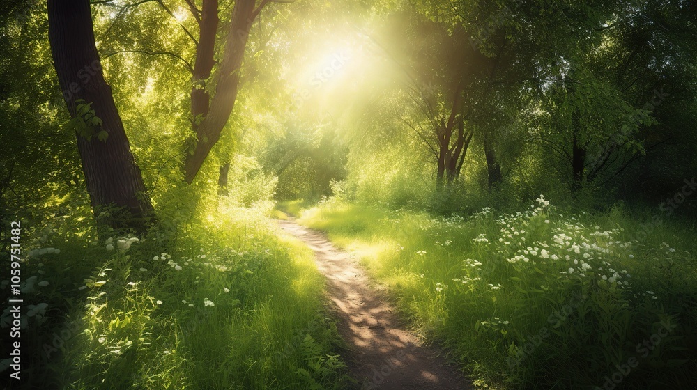 Obraz premium Sunlit Pathway Through Lush Green Forest