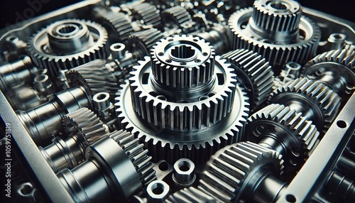 Closeup of Shiny Metallic Gears in a Complex Mechanism