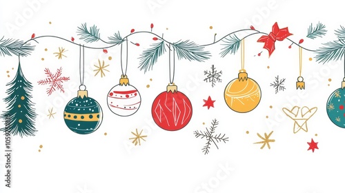 Festive Christmas Ornaments with Pine Branches and Snowflakes