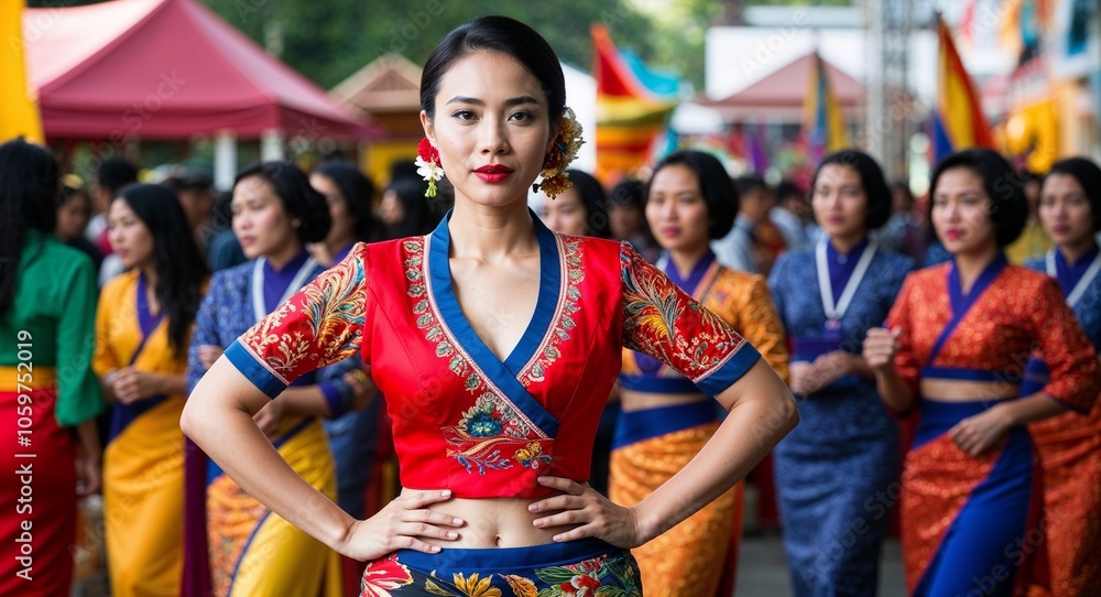 Fototapeta premium Indonesian model posing in traditional kebaya calm expression vibrant background of cultural festival mid twenties female