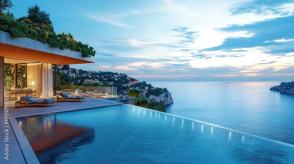 Scenic luxury resort in Villefranche, overlooking blue waters and picturesque coastal cliffs, epitome of French Riviera beauty Scenic luxury resort in Villefranche, overlooking blue waters and picturesque coastal cliffs, epitome of French Riviera beauty