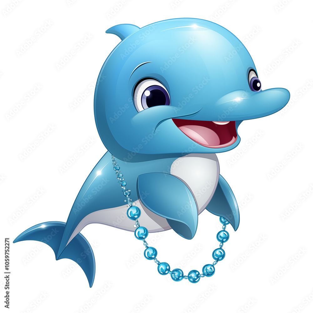 Fototapeta premium A cheerful cartoon dolphin wearing a necklace splashing joyfully in a sunny underwater setting