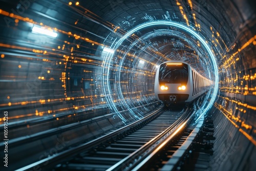 A sleek, modern train speeds through a brightly lit tunnel, surrounded by glowing digital elements, creating a sci-fi atmosphere with a sense of rapid motion.