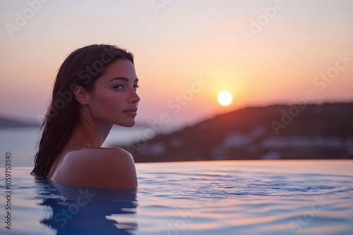 This image captures a woman enjoying the peaceful ambiance of an infinity pool as the sun sets in the background, creating a perfect serene and tranquil moment. photo