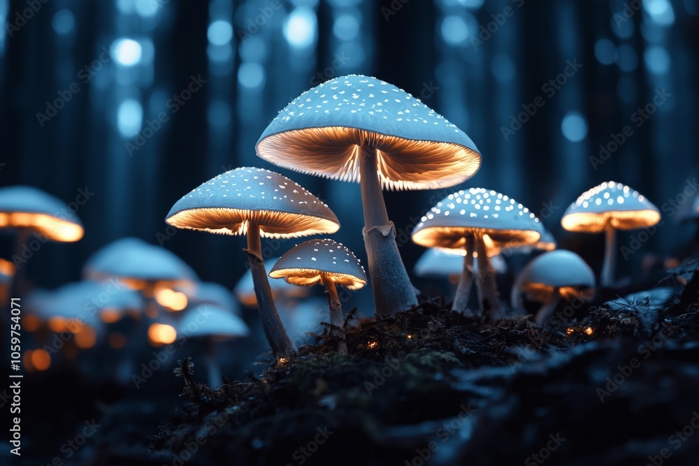 Fototapeta premium Brightly lit mushrooms illuminate an enchanting, dark forest backdrop, evoking a dreamlike, ethereal mood, blending nature’s mystery with a fantasy aesthetic.
