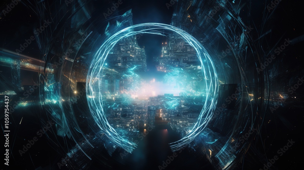 Fototapeta premium Digital Portal with Glowing Waves in Metaverse Scene