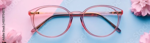 Vibrant splitcolor backdrop showcases stylish glasses, modern eyewear trends in pink and blue photo