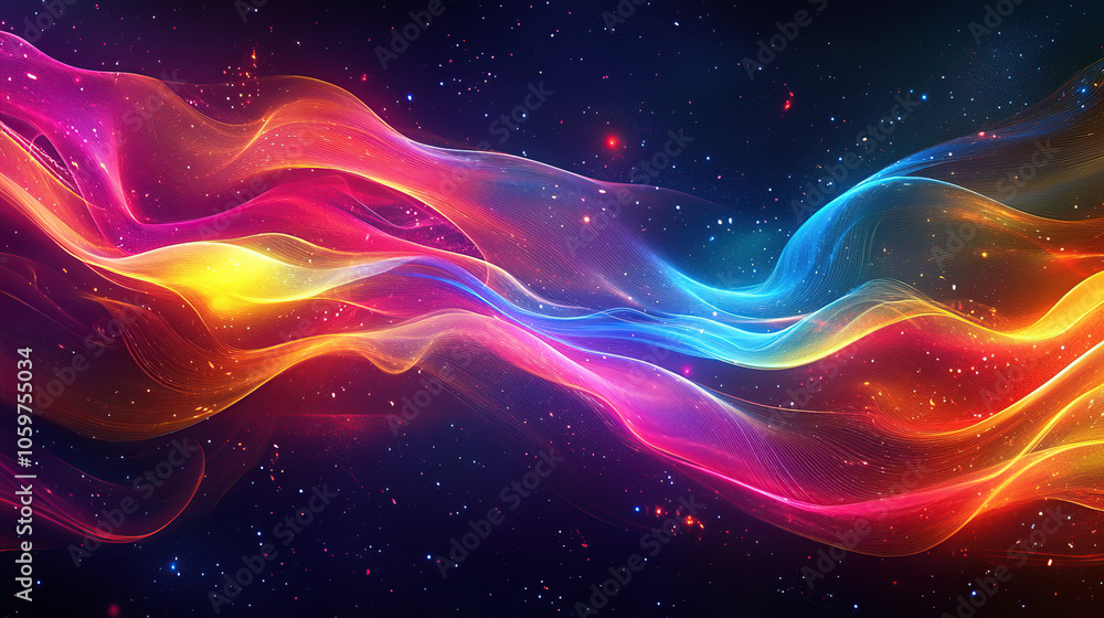 Obraz premium 3D render of a colorful abstract background with waves and curves, featuring a color palette of purple, blue, pink, orange, and red