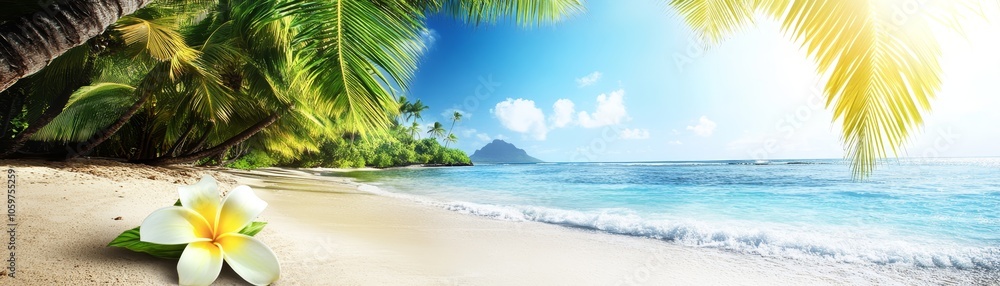 Fototapeta premium White flower blossoms on a tropical beach paradise with palm trees, turquoise water, and clear sky. perfect for summer vacation.