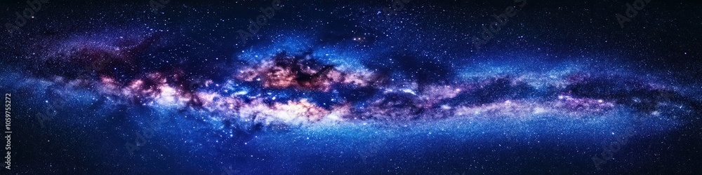 Obraz premium Stunning Milky Way Galaxy Panorama Stars Cosmos Space Celestial Night Sky Astronomy Astrophotography Nebula Universe Exploration Dark Blue Cosmic Beauty