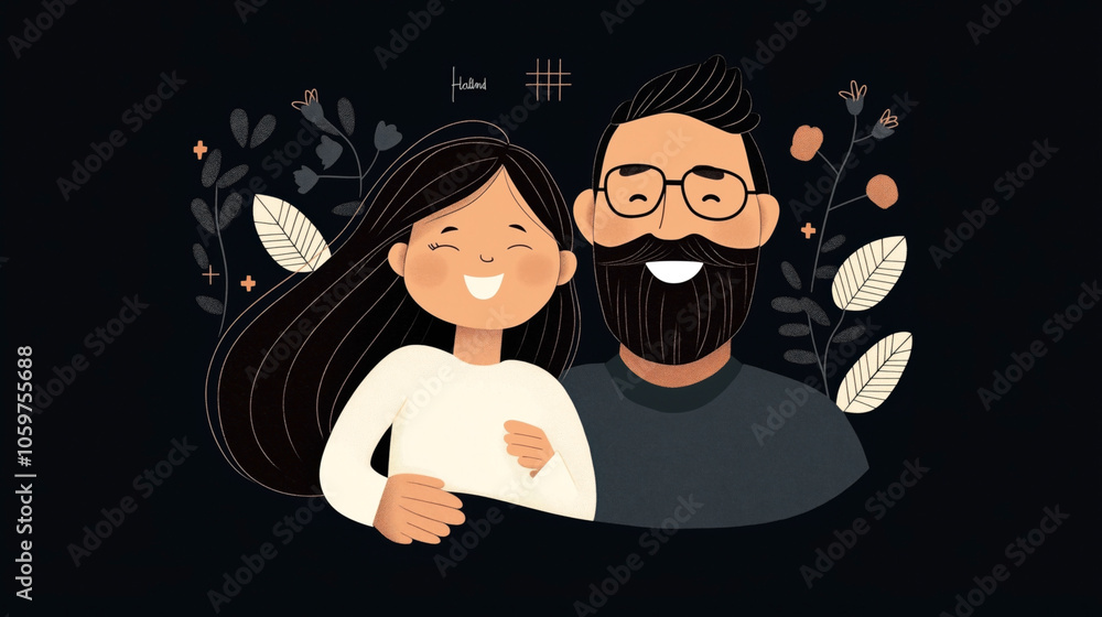 Illustration of a smiling adult and child with floral decorations on dark background, featuring bold outlines and neutral tones.