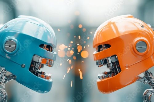 Two vibrant, colorful robots engage in a collision, sparks flying between them in a vivid display of energy, representing a playful yet competitive interaction. photo