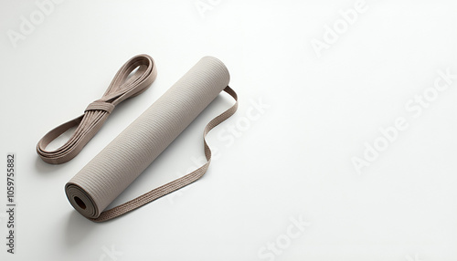 A neatly arranged set of yoga equipment, including a mat, blocks, and a water bottle, placed on a white background. Ideal for conveying relaxation, wellness, and a healthy lifestyle.
