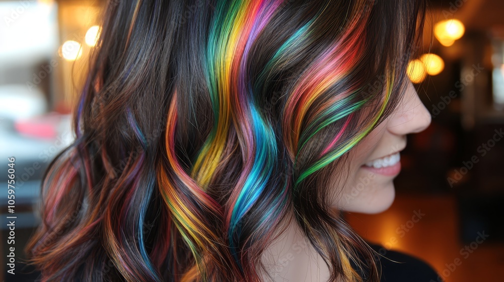Naklejka premium Dynamic portrait of a woman with vibrant, multicolored hairstyle, showcasing spectrum of colors and modern beauty trends.