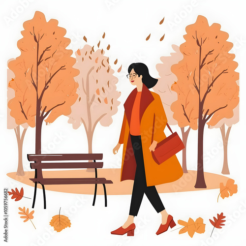 beautiful elegant womanin autumn park highlighted by white, flat design, png photo