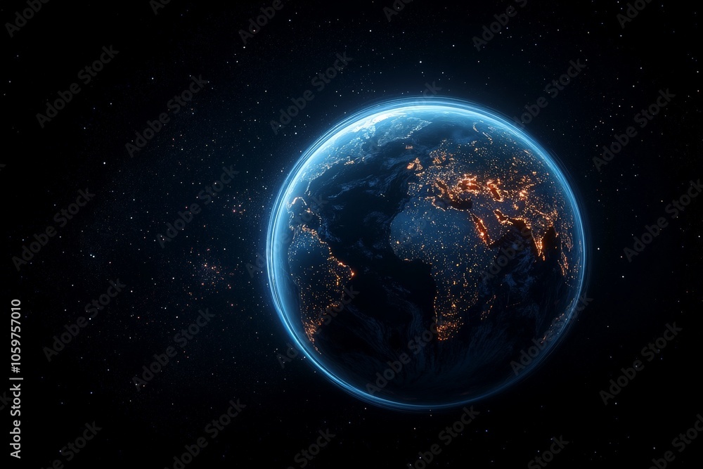 Obraz premium A stunning view of Earth from space, beautifully illuminated by city lights across continents, embodying global connectivity and the essence of technology.
