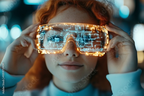 A young woman gazes through advanced VR goggles with glowing circuit patterns, symbolizing a futuristic and technological advancement in virtual experiences. photo