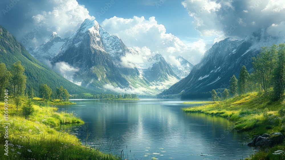 Fototapeta premium Picturesque mountain lake surrounded by snow-capped peaks and lush greenery