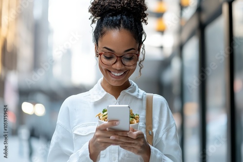 A woman with curly hair smiles while looking at her phone, holding a container of salad. She's standing on a busy city street in a bright, casual outfit. photo