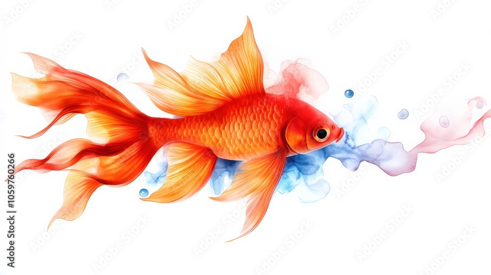Fototapeta premium Vibrant goldfish swimming with colorful splashes on a white isolated background.