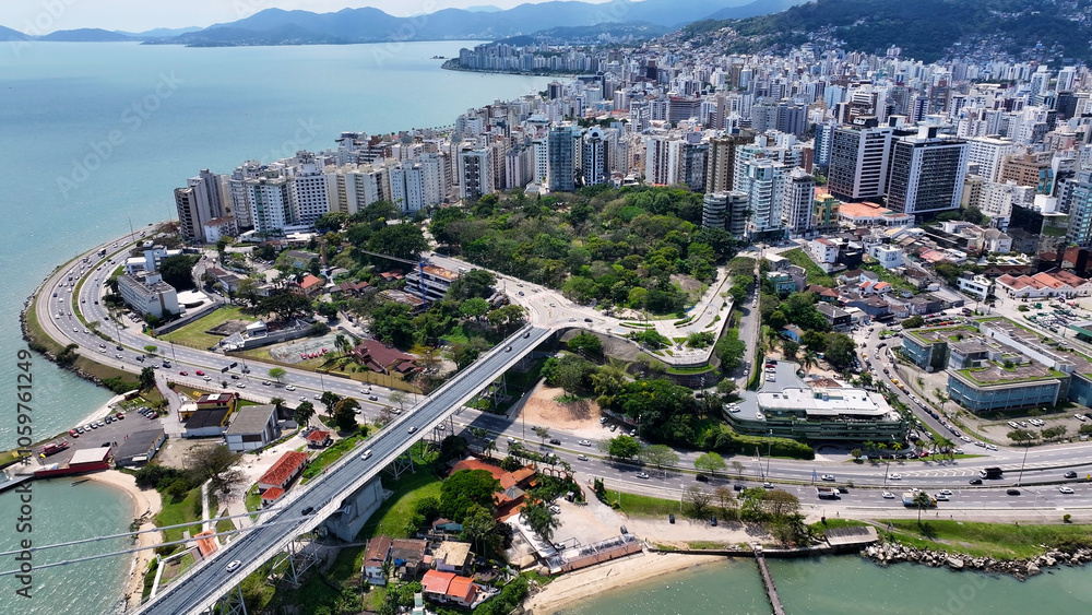 Fototapeta premium Florianopolis Skyline At Florianopolis In Santa Catarina Brazil. City Scene. Downtown District. Cityscape Scenery. Florianopolis Skyline At Florianopolis In Santa Catarina Brazil. Tourism Landmark.