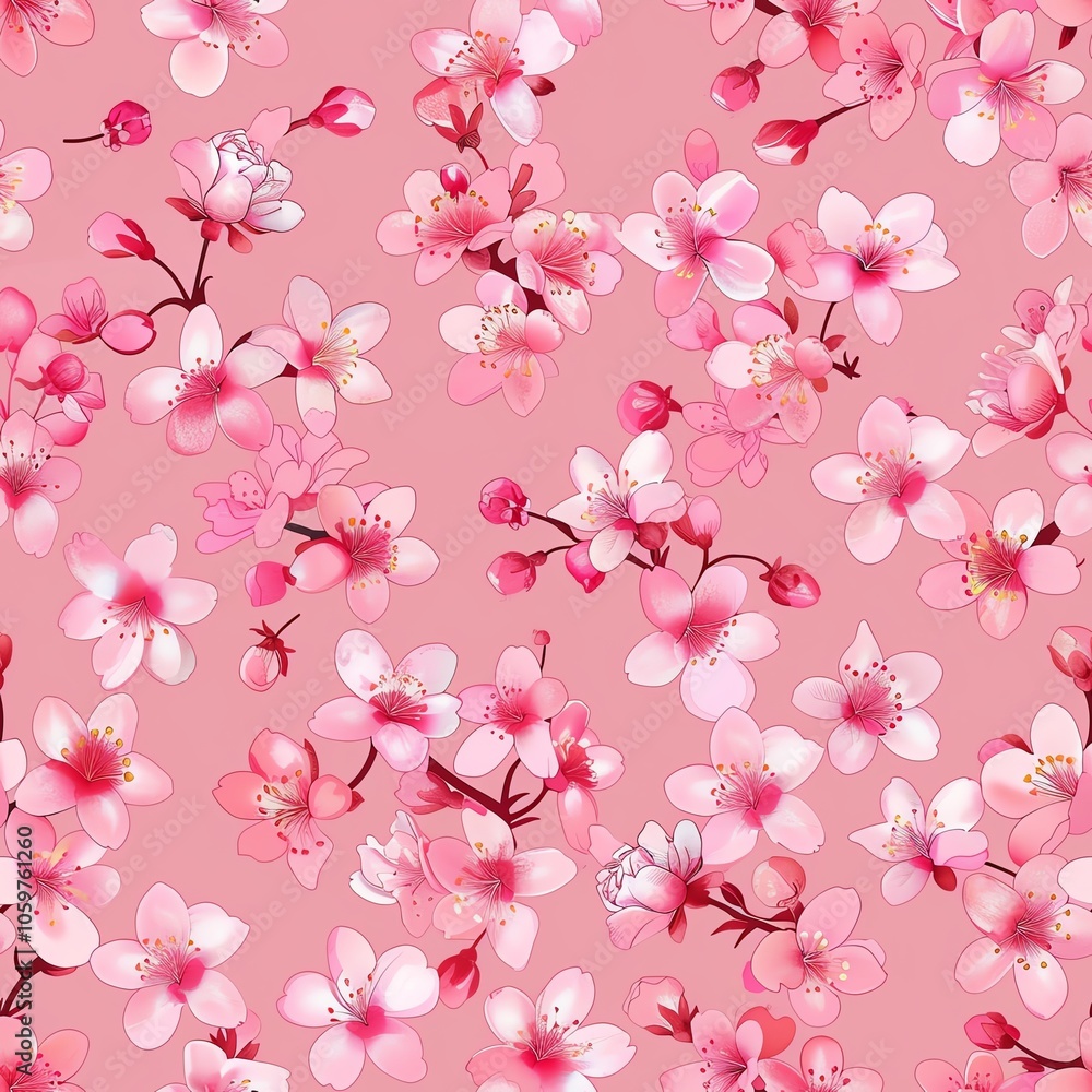 Fototapeta premium Blossoming pink cherry blossoms on a soft pink background. Seamless tile