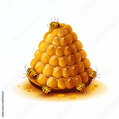 A vibrant cartoon depiction of a honeycomb with buzzing bees collecting golden honey