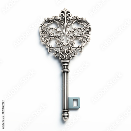 Wallpaper Mural An ornate silver key decorated with elaborate patterns lies on a smooth white surface Torontodigital.ca