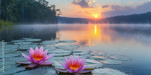 Stunning Pink Water Lilies on Tranquil Lake at Sunrise with Misty Forest Reflections: Serene Nature, Peaceful Morning Landscape, Scenic Beauty, Relaxing View