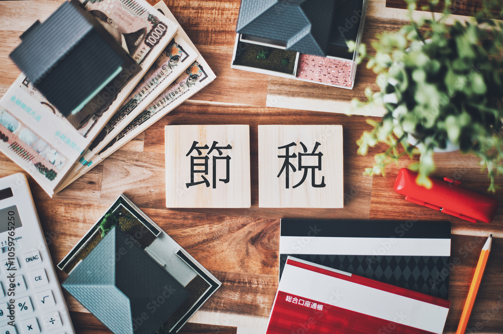 Naklejka premium 節税と通帳と日本円の札束 不動産ビジネスイメージ