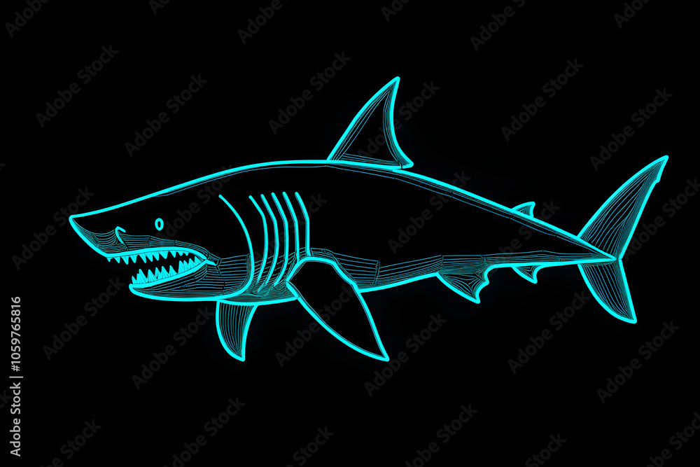 Obraz premium A striking megalodon shark silhouette in neon blue with glowing turquoise lines on a black background, with a 3:2 aspect ratio and size set to 50.