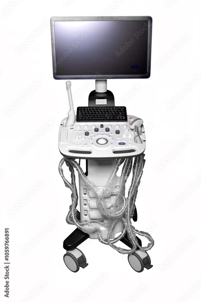 Modern ultrasound machine with monitor and scanning probes, medical diagnostic equipment for healthcare, technology tool for hospitals, medical technology concept.
