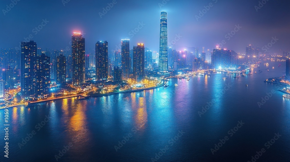 Fototapeta premium Nighttime View of Skyscrapers and a River in a City