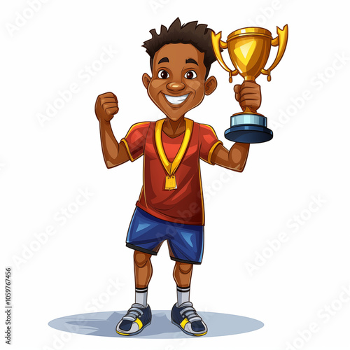 Happy cartoon boy celebrating victory with a trophy and medal after a sports competition