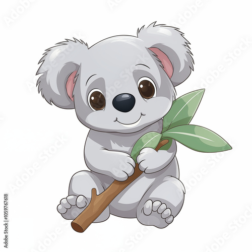 Cute cartoon koala holding a green leaf branch while sitting on a white background photo