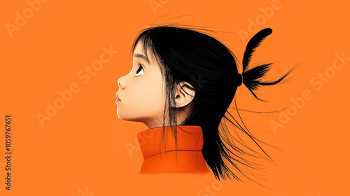Digital illustration of a child in profile view with black hair in a ponytail, wearing an orange outfit against a solid orange background, highlighting minimalistic and cartoon style.