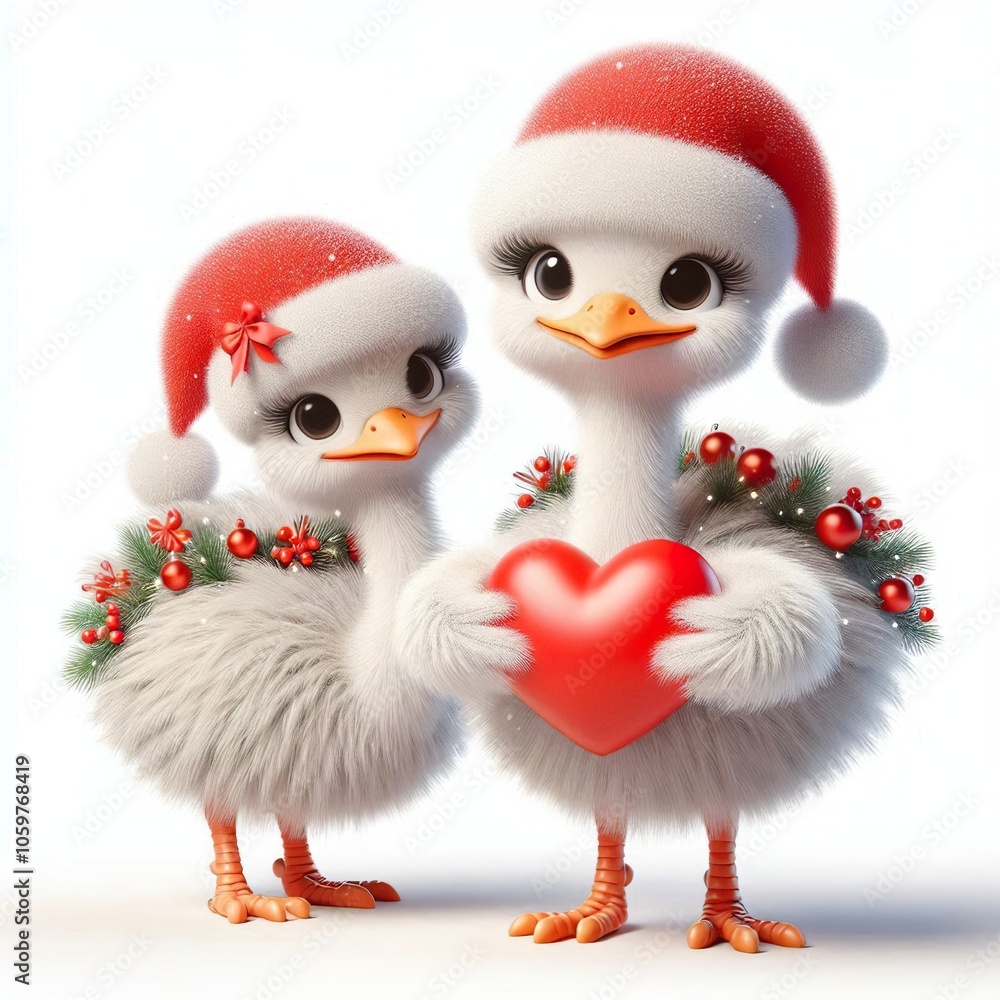 Obraz premium 3d Cute fluffy christmas ostrich doing mini heart pose, full body, white background